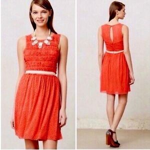 Anthropologie Postmark Retro Poppy Red Cream Smocked Polka Dot Dress Size Small